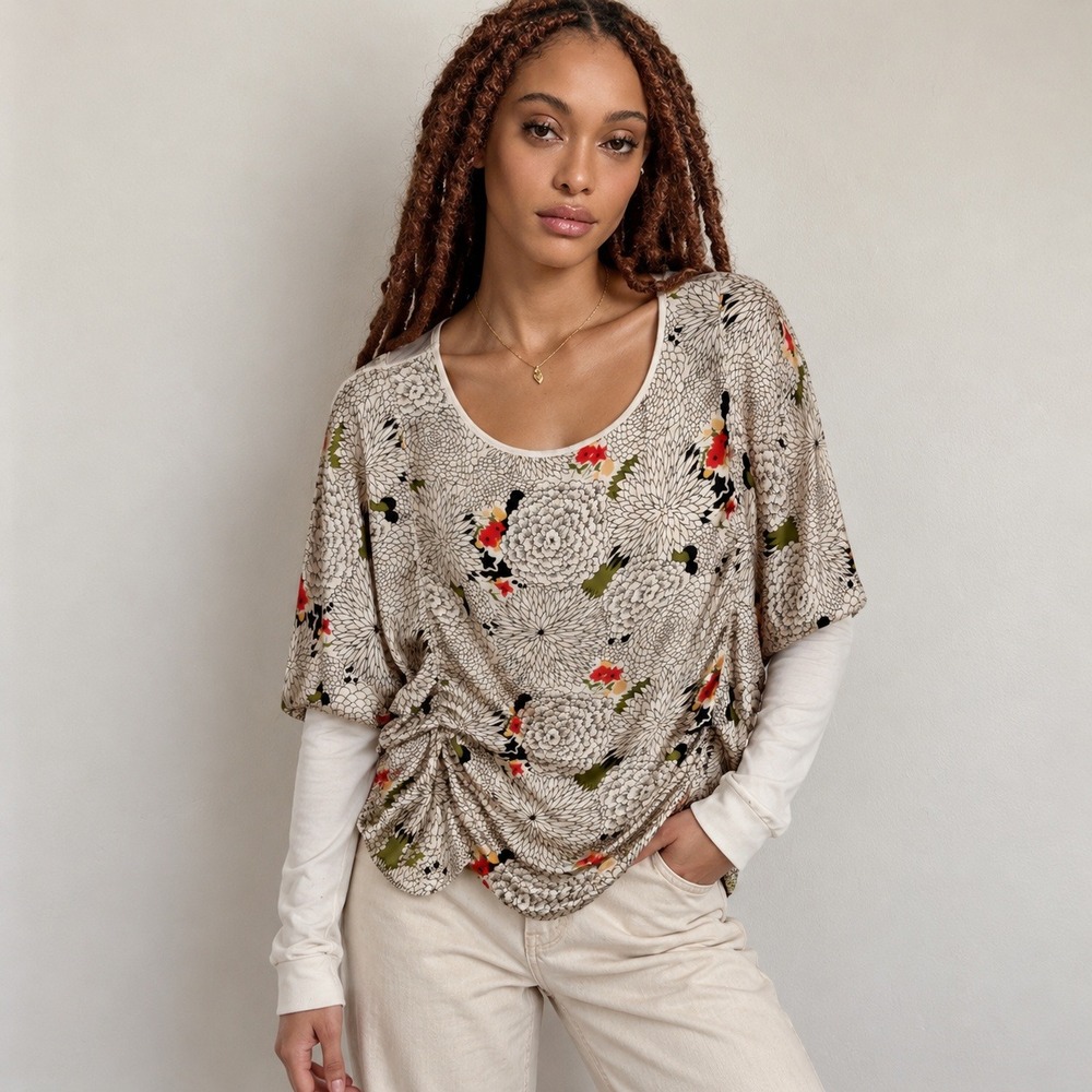 Anthropologie Tiny Womens Top XL Cream Floral Ruched Batwing Boho Art To Wear